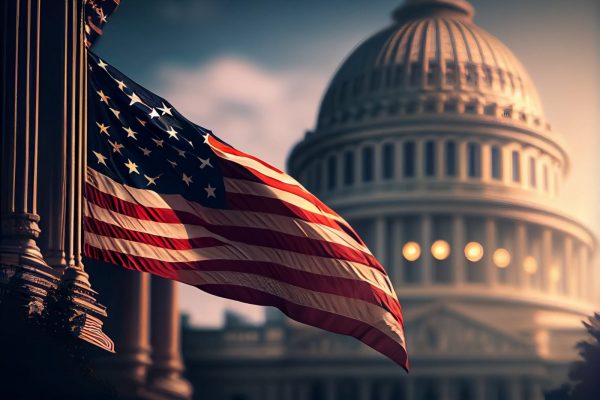 illustration of White house Washington DC Capitol dome detail with waving american flag. AI illustration of White house Washington DC Capitol dome detail with waving american flag. AI.