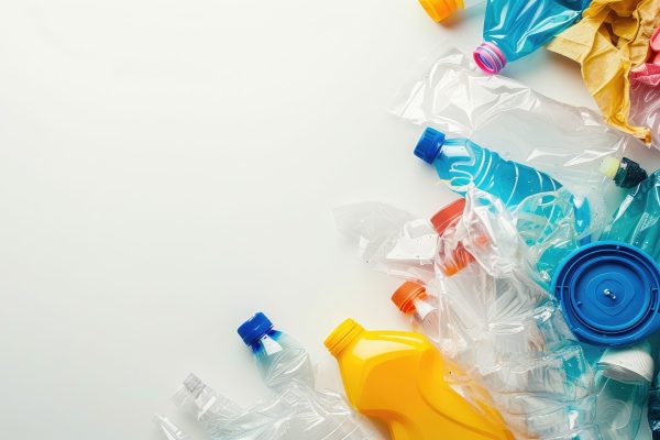 Plastic trash on a white background with empty cleaning product bottles Plastic trash on a white background with empty cleaning product bottles